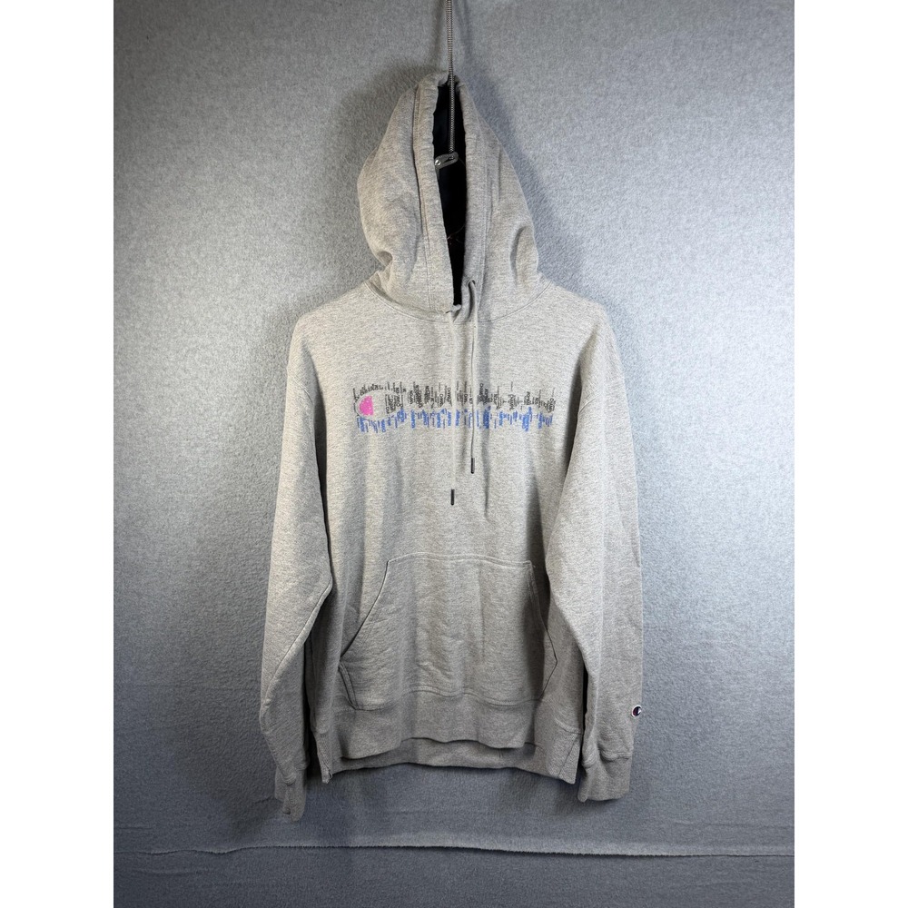 Champion Hoodie Mens Medium Gray Pullover Fleece Kangaroo Pocket Graphic Logo